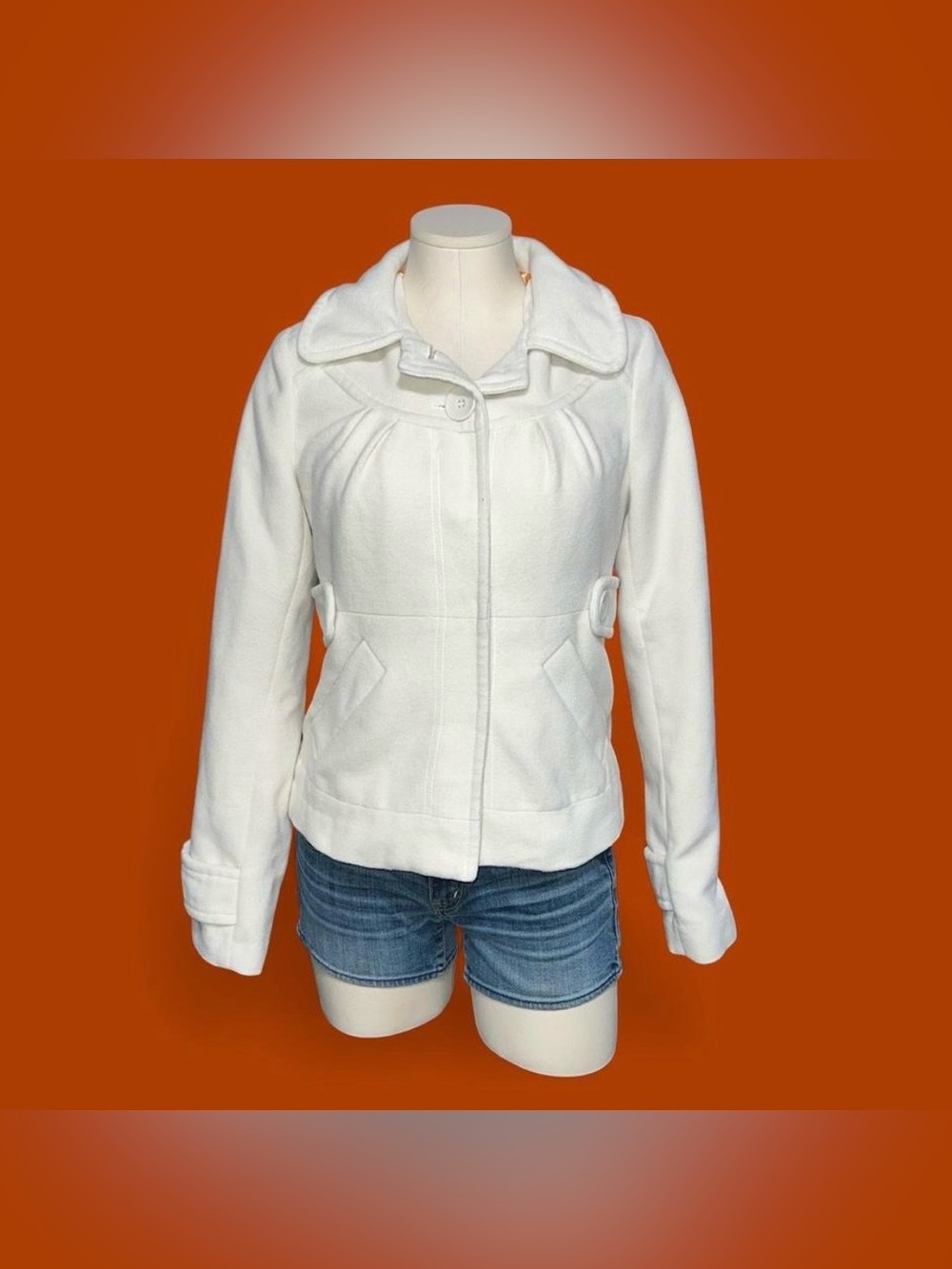 Tulle White Wool-Blend Pea Coat with Button Front